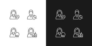 Doctor appointment pixel perfect linear icons set for dark, light mode. Otorhinolaryngology and cardiology. Diagnostics. Thin line symbols for night, day theme. Isolated illustrations. Editable stroke