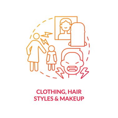 Clothing, hair styles and makeup red gradient concept icon. Teenager look. Parent teen conflict area abstract idea thin line illustration. Isolated outline drawing. Myriad Pro-Bold font used