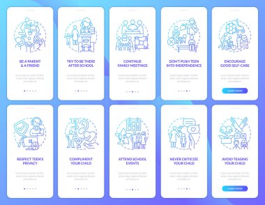 Teen parenting and self esteem blue gradient onboarding mobile app screens set. Walkthrough 5 steps graphic instructions with linear concepts. UI, UX, GUI template. Myriad Pro-Bold, Regular fonts used