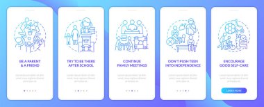 Peaceful teen parenting tips blue gradient onboarding mobile app screen. Family walkthrough 5 steps graphic instructions with linear concepts. UI, UX, GUI template. Myriad Pro-Bold, Regular fonts used