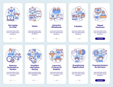 ICT in education industry onboarding mobile app screens set. Walkthrough 5 steps editable graphic instructions with linear concepts. UI, UX, GUI template. Myriad Pro-Bold, Regular fonts used