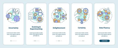 ICT literacy levels onboarding mobile app screen. Employment walkthrough 5 steps editable graphic instructions with linear concepts. UI, UX, GUI template. Myriad Pro-Bold, Regular fonts used