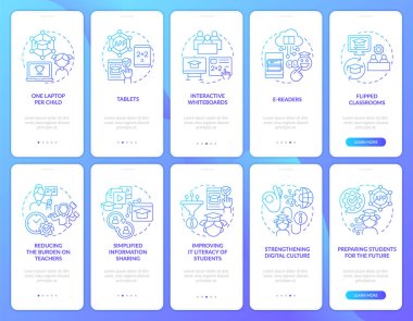 ICT in education industry blue gradient onboarding mobile app screens set. Walkthrough 5 steps graphic instructions with linear concepts. UI, UX, GUI template. Myriad Pro-Bold, Regular fonts used