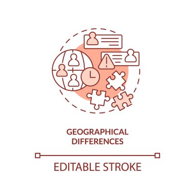 Geographical differences red concept icon. IT staffing service disadvantage abstract idea thin line illustration. Isolated outline drawing. Editable stroke. Arial, Myriad Pro-Bold fonts used