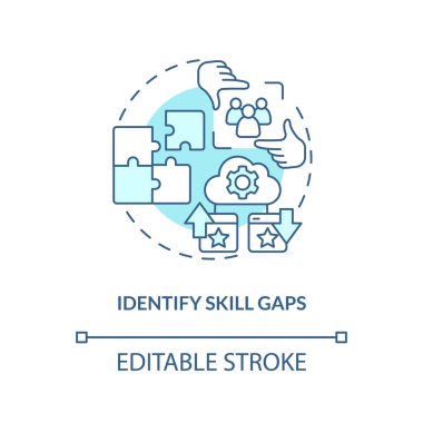 Identify skill gaps turquoise concept icon. Knowledge and experience. IT staffing tip abstract idea thin line illustration. Isolated outline drawing. Editable stroke. Arial, Myriad Pro-Bold fonts used