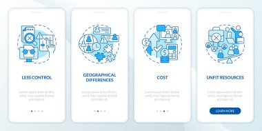 IT staffing service disadvantages blue onboarding mobile app screen. Walkthrough 4 steps editable graphic instructions with linear concepts. UI, UX, GUI template. Myriad Pro-Bold, Regular fonts used