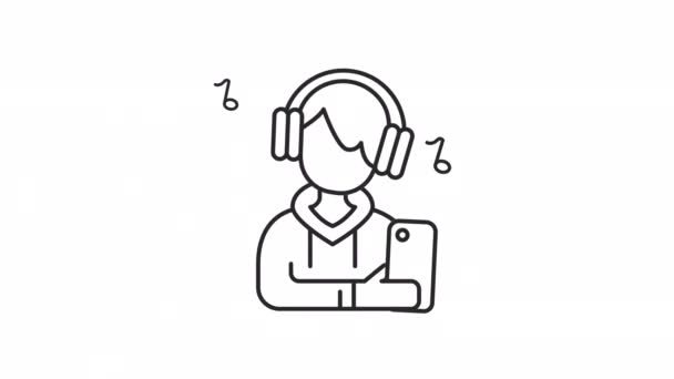 Animated Teen Linear Icon Young Boy Listens Music Highschool Teen — 图库视频影像