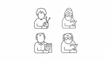 Animated elders linear icons. Grandmother and grandfather. Senile man, woman. Pensioners. Seamless loop HD video with alpha channel on transparent background. Outline motion graphic animation