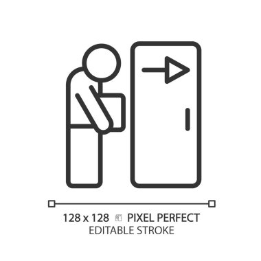 Dismissal pixel perfect linear icon. Fired employee. Work loss. Jobless person. Staff reduction. Resignation. Thin line illustration. Contour symbol. Vector outline drawing. Editable stroke