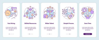 IT staffing service advantages onboarding mobile app screen. Walkthrough 5 steps editable graphic instructions with linear concepts. UI, UX, GUI template. Myriad Pro-Bold, Regular fonts used