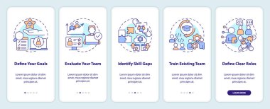 IT staffing tips onboarding mobile app screen. Hiring process walkthrough 5 steps editable graphic instructions with linear concepts. UI, UX, GUI template. Myriad Pro-Bold, Regular fonts used