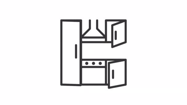 Animated Kitchen Linear Icon Furniture Set Countertop Cooking Kitchenware Seamless — ストック動画