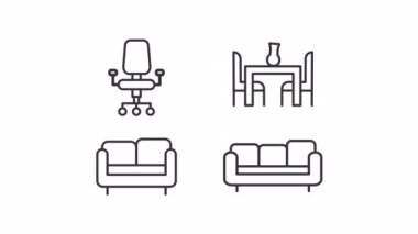 Animated seats linear icons. Living room furniture. Office chair. Dining room set. Seamless loop HD video with alpha channel on transparent background. Outline motion graphic animation