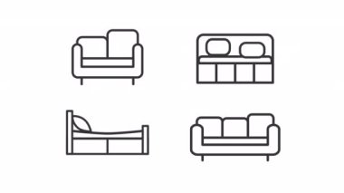 Animated beds linear icons. Bedroom and living room furniture. Homeware department. Seamless loop HD video with alpha channel on transparent background. Outline motion graphic animation
