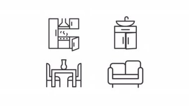 Animated apartment linear icons. Cozy studio furniture. Homeware store. Kitchen set. Seamless loop HD video with alpha channel on transparent background. Outline motion graphic animation