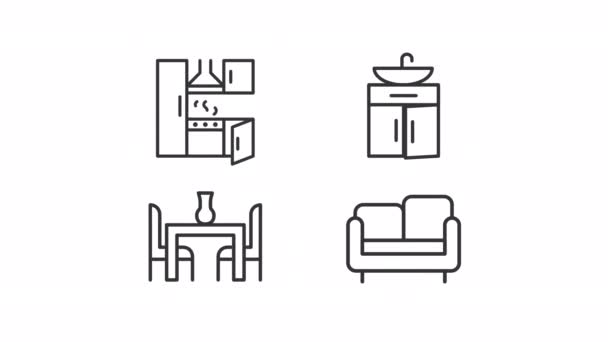 Animated Apartment Linear Icons Cozy Studio Furniture Homeware Store Kitchen — Vídeo de Stock