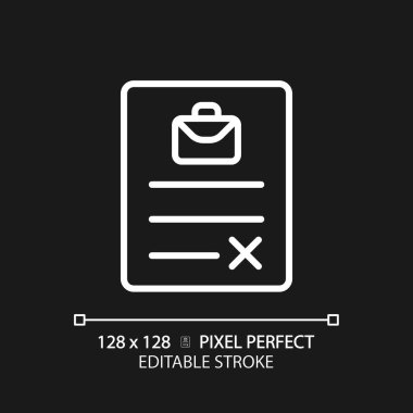 Employment contract pixel perfect white linear icon for dark theme. Company and employee agreement. Terms and conditions. Thin line illustration. Isolated symbol for night mode. Editable stroke
