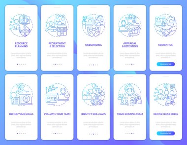 Information technology staffing blue gradient onboarding mobile app screens set. Walkthrough 5 steps graphic instruction with linear concepts. UI, UX, GUI template. Myriad Pro-Bold, Regular fonts used
