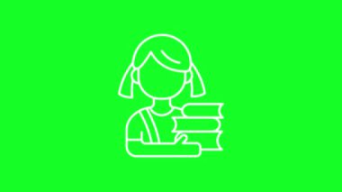 Animasyon beyaz çizgi ikonu. İlkokul öğrencisi. Krom anahtarlı HD video, şeffaf arkaplanda alfa kanalı, siyah katı arkaplan. Taslak hareketli grafik canlandırması