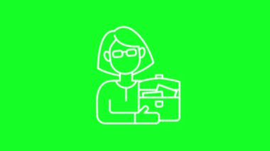 Animated woman white line icon. Businesswoman. Office manager. Loop HD video with chroma key, alpha channel on transparent background, black solid background. Outline motion graphic animation