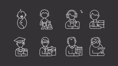 Animasyon erkek beyaz çizgi simgeleri. Çocukluk ve yetişkinlik. Krom anahtarlı HD video, şeffaf arkaplanda alfa kanalı, siyah katı arkaplan. Taslak hareketli grafik canlandırması