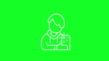 Animated self photo white line icon. Young boy with mobile phone. Loop HD video with chroma key, alpha channel on transparent background, black solid background. Outline motion graphic animation