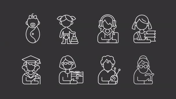 Animated Females White Line Icons Childhood Adulthood Loop Video Chroma — Vídeo de stock