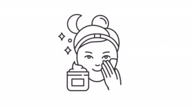 Canlandırılmış gece kremi doğrusal simgesi. Yüz yüze başvurun. Gece cilt bakımı ürünü. Güzellik rutini. Şeffaf arkaplanda alfa kanalı olan kusursuz HD video. Taslak hareketli grafik canlandırması