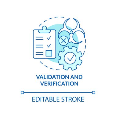 Onaylama ve doğrulama turkuvaz konsept simgesi. Eylem planı. HACCP prensibi soyut fikir ince çizgi çizimi. İzole bir taslak çizim. Düzenlenebilir felç. Arial, Myriad Pro-Kalın yazı tipleri