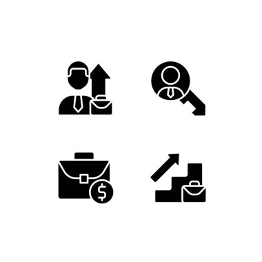 Kariyer fırsatları siyah semboller beyaz uzaya dizilmiş. Çalışanların terfisi. İş büyümesi. İnsan kaynakları. Siluet sembolleri. Sağlam bir piktogram paketi. Vektör izole illüstrasyonu