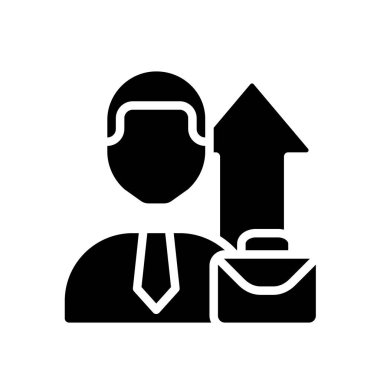 İş tanıtımı siyah kabartma simgesi. Kariyer gelişimi. İş pozisyonunu değiştir. İş adamı. Maaş ve statü artışı. Beyaz uzayda siluet sembolü. Piktogram sağlammış. Vektör izole illüstrasyonu