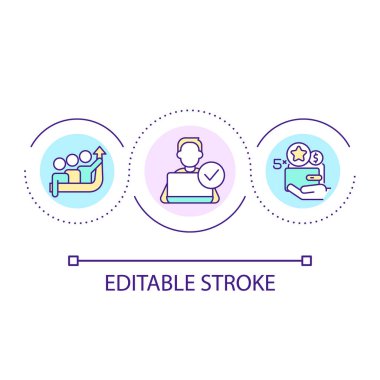 İş primleri döngü konsepti simgesi. Kariyer gelişimi. Etkili bir takım çalışması. Maaş ve ödüller soyut fikir ince çizgili illüstrasyon. İzole bir taslak çizim. Düzenlenebilir felç. Kullanılan Arial yazı tipi