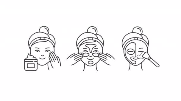 Animált Arcápoló Lineáris Ikonok Arckrémet Maszkot Használok Szépség Rutin Kozmetikumok — Stock videók