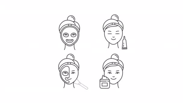 Animated Skincare Linear Icons Face Products Beauty Routine Women Cosmetics — Video Stock