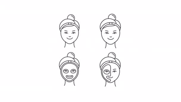 Анімовані Рутинні Лінійні Значки Краси Піна Очищення Шкіри Лікування Обличчя — стокове відео