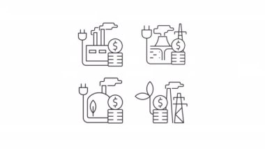 Animasyon endüstrisi doğrusal simgeler tasarlıyor. Elektrik santrali. Yeşil enerji oluştur. Güç fiyatları. Şeffaf arkaplanda alfa kanalı olan kusursuz HD video. Taslak hareketli grafik canlandırması