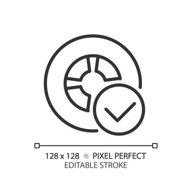 Araç lastiği emniyet pikseli mükemmel doğrusal simge. Tekerlek işaretli. Nakliye kalite kontrolü. Onaylanmış ürün. İnce çizgili çizim. Contour sembolü. Vektör çizimi. Düzenlenebilir vuruş