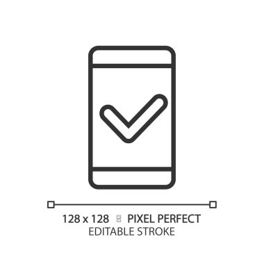 İşaretli pikselli cep telefonu mükemmel doğrusal simge. Akıllı telefondan güvenli iletişim. Kişisel cihaz kalitesi. İnce çizgili çizim. Contour sembolü. Vektör çizimi. Düzenlenebilir vuruş