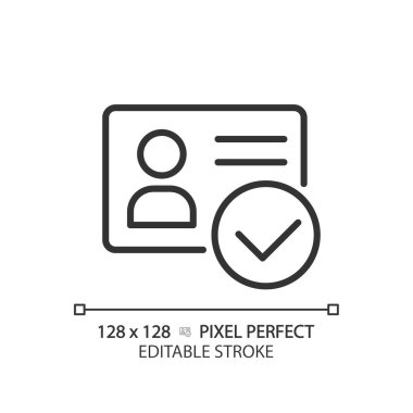 Kimlik doğrulanmış piksel mükemmel doğrusal simge. İşaretli kimlik kartı. Kişilik onayı. Çalışan rozeti. İnce çizgili çizim. Contour sembolü. Vektör çizimi. Düzenlenebilir vuruş