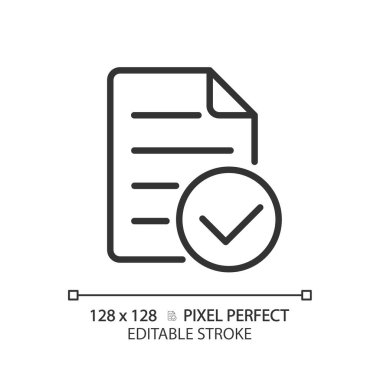 Kontrol işareti pikseli mükemmel doğrusal simgeye sahip belge. Onaylanmış iş belgeleri. Şirket bilgi kontrolü. İnce çizgili çizim. Contour sembolü. Vektör çizimi. Düzenlenebilir vuruş