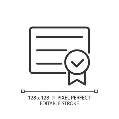 Kontrol işareti pikseli mükemmel doğrusal simgeye sahip diploma. Üniversite mezuniyet belgesi. Sertifika tabii ki tamamlanacak. İnce çizgili çizim. Contour sembolü. Vektör çizimi. Düzenlenebilir vuruş