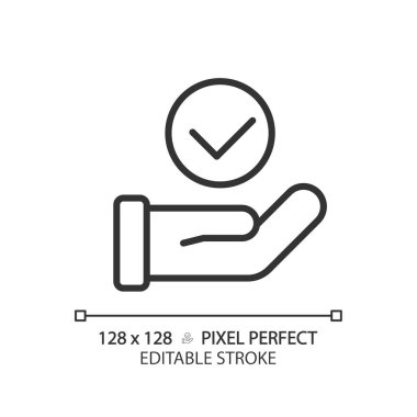 Kontrol işareti piksel ile el mükemmel doğrusal simge. Avuç içi kene. Doğru kararı veriyorum. Seçim onayı. İnce çizgili çizim. Contour sembolü. Vektör çizimi. Düzenlenebilir vuruş