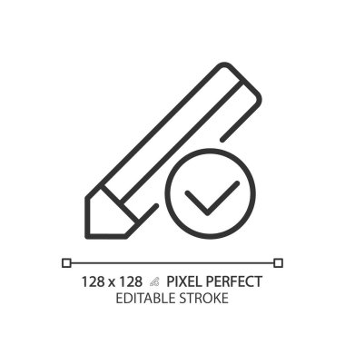 İşaretli kalem pikseli mükemmel doğrusal simge. Oylama süreci. Onaylanmış bilgi yazılıyor. Doğru notlar. İnce çizgili çizim. Contour sembolü. Vektör çizimi. Düzenlenebilir vuruş