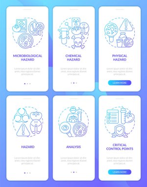 Food safety hazards and HACCP blue gradient onboarding mobile app screens set. Walkthrough 3 steps graphic instructions with linear concepts. UI, UX, GUI template. Myriad Pro-Bold, Regular fonts used