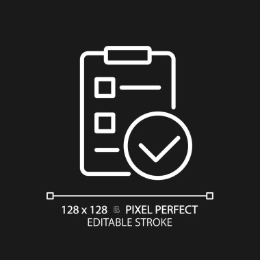 Checklist with checkmarks pixel perfect white linear icon for dark theme. Marking task completion. Work controlling document. Thin line illustration. Isolated symbol for night mode. Editable stroke