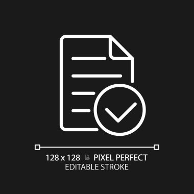Document with check mark pixel perfect white linear icon for dark theme. Approved business papers. Corporate information. Thin line illustration. Isolated symbol for night mode. Editable stroke