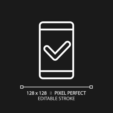 Mobile phone with check mark pixel perfect white linear icon for dark theme. Safe communication via smartphone. Thin line illustration. Isolated symbol for night mode. Editable stroke