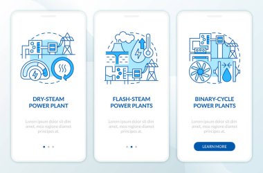 Geothermal power plants blue onboarding mobile app screen. Walkthrough 3 steps editable graphic instructions with linear concepts. UI, UX, GUI template. Myriad Pro-Bold, Regular fonts used