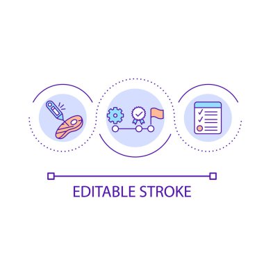 Food product checkup and certification loop concept icon. Hazard prevention technology. Reduce risks abstract idea thin line illustration. Isolated outline drawing. Editable stroke. Arial font used