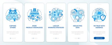 Affiliate marketer mistakes blue onboarding mobile app screen. Walkthrough 5 steps editable graphic instructions with linear concepts. UI, UX, GUI template. Myriad Pro-Bold, Regular fonts used